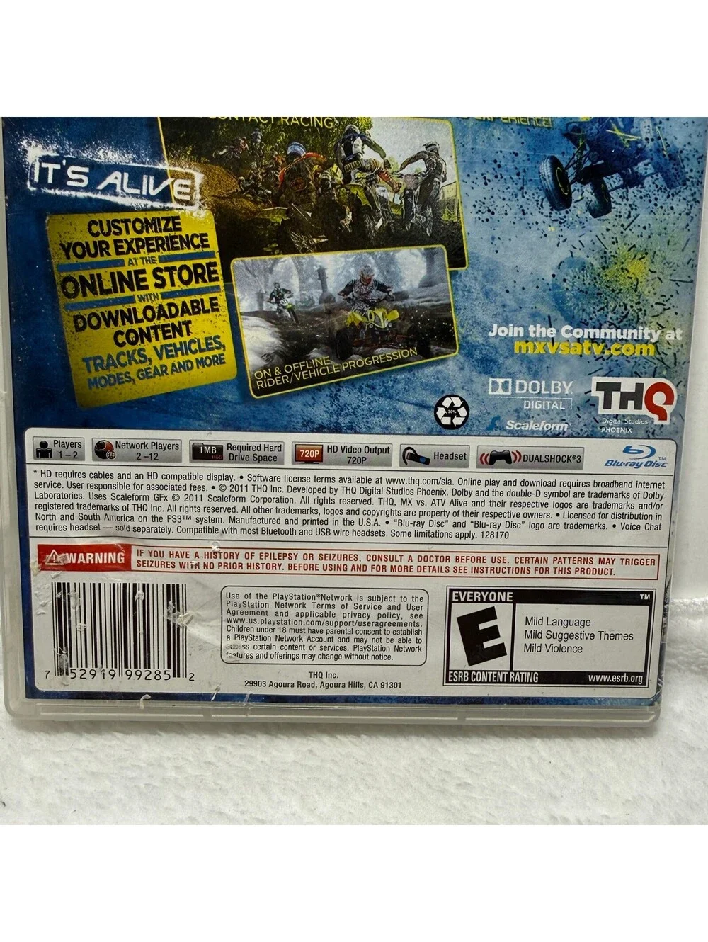 MX vs ATV Alive PS3 PlayStation 3 Complete CIB Genuine THQ Motocross